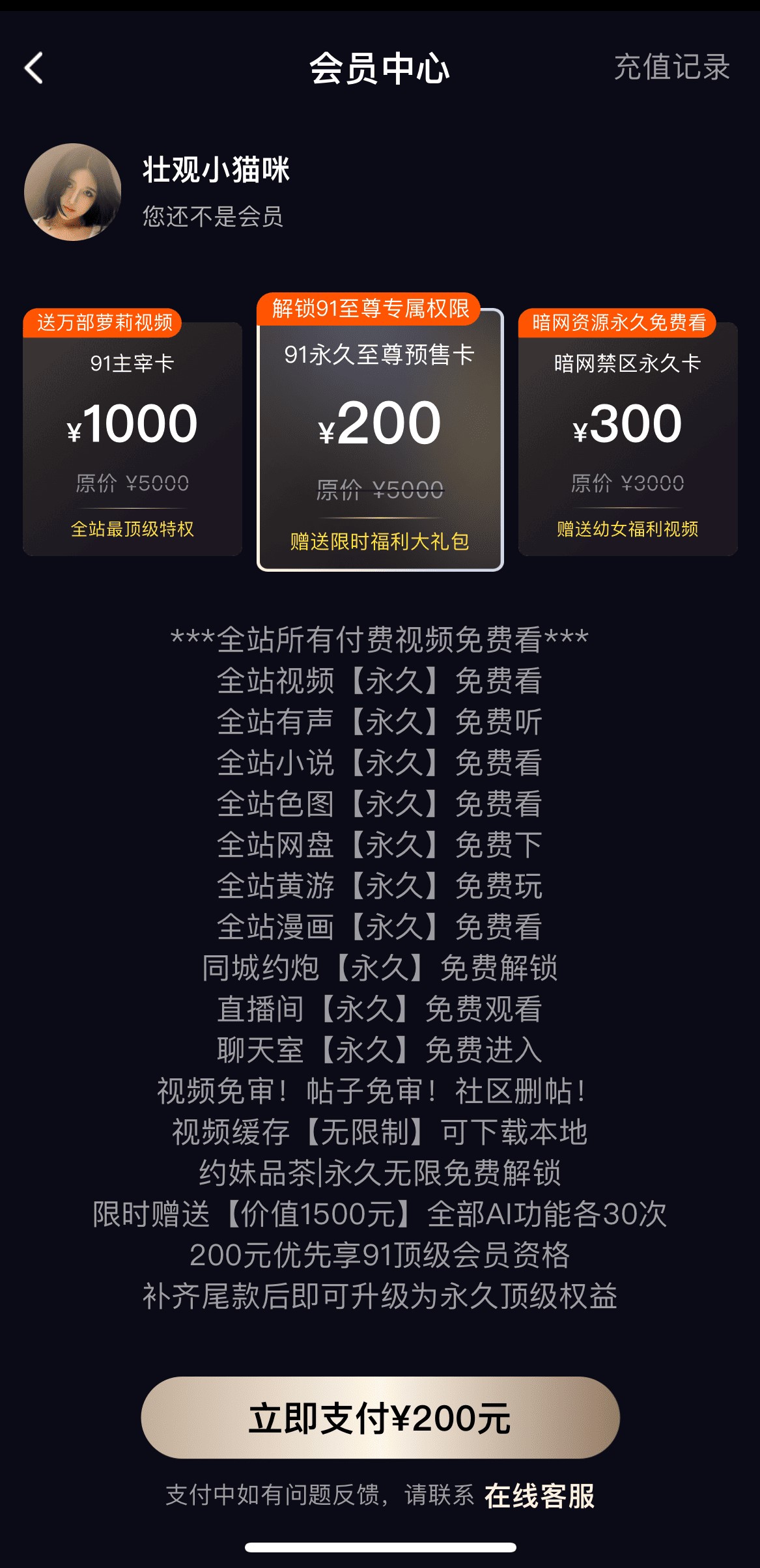 91PO官网会员中心VIP套餐卡片权益对比与开通按钮界面
